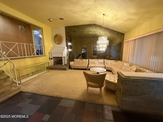 34 Woodbrook Cir, Westfield, NJ 07090 - carpeted living room featuring lofted ceiling, a chandelier, a fireplace with raised hearth, and stairs