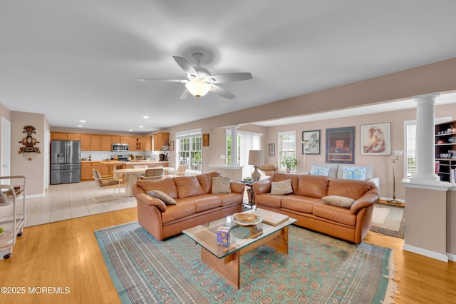 12 Diane Dr, Brick, NJ 08724 - living room featuring decorative columns, a ceiling fan, light wood-style floors, and recessed lighting