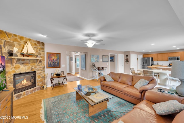 12 Diane Dr, Brick, NJ 08724 - living area with light wood-style floors, a fireplace, a ceiling fan, and recessed lighting
