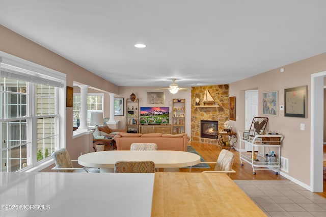 12 Diane Dr, Brick, NJ 08724 - dining area featuring a fireplace, a ceiling fan, decorative columns, recessed lighting, and tile patterned floors