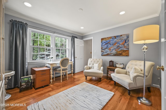 6 Stoecker Rd, Holmdel, NJ 07733 - home office featuring crown molding, a baseboard radiator, wood finished floors, and recessed lighting