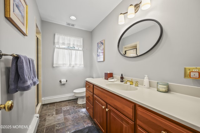6 Stoecker Rd, Holmdel, NJ 07733 - full bath featuring a baseboard heating unit, stone finish flooring, vanity, and a shower with shower door