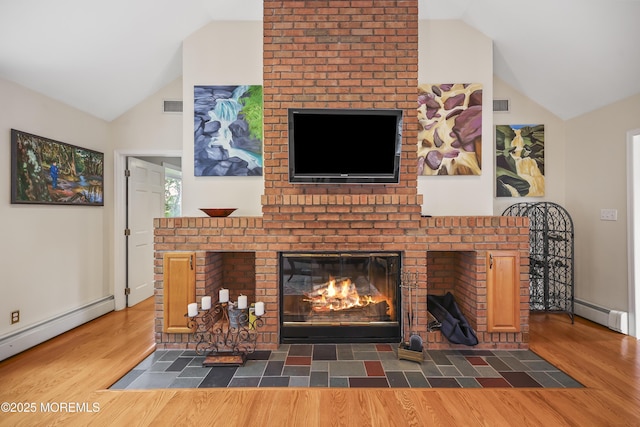 6 Stoecker Rd, Holmdel, NJ 07733 - living area featuring vaulted ceiling, a fireplace, baseboard heating, and wood finished floors