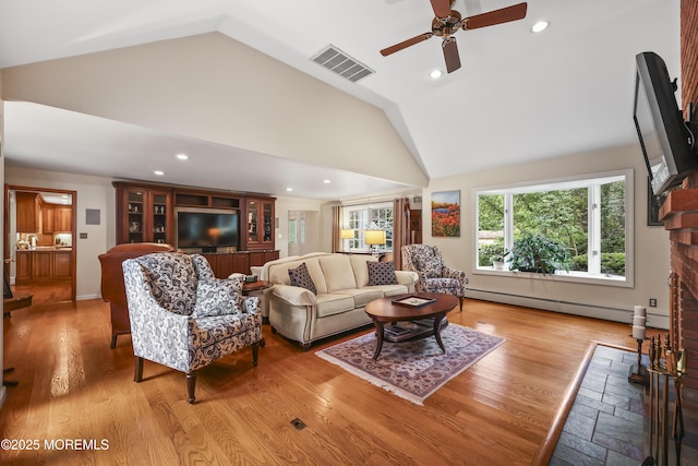 6 Stoecker Rd, Holmdel, NJ 07733 - living room with a baseboard radiator, a ceiling fan, light wood-type flooring, recessed lighting, and high vaulted ceiling