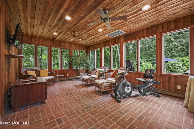 6 Stoecker Rd, Holmdel, NJ 07733 - sunroom / solarium featuring wood walls, brick flooring, recessed lighting, and wooden ceiling