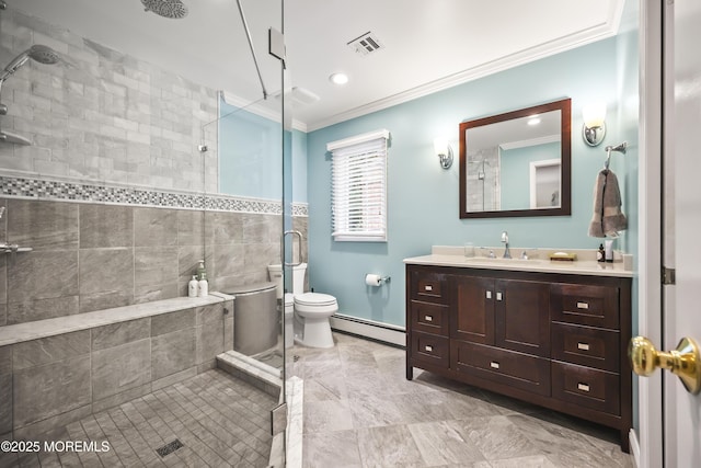 6 Stoecker Rd, Holmdel, NJ 07733 - bathroom featuring baseboard heating, crown molding, a stall shower, vanity, and tile walls