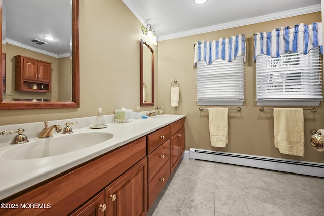 6 Stoecker Rd, Holmdel, NJ 07733 - bathroom with crown molding, double vanity, baseboard heating, tile patterned floors, and recessed lighting