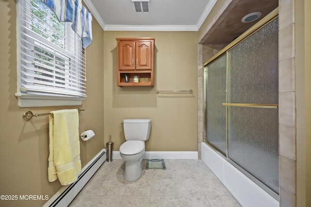 6 Stoecker Rd, Holmdel, NJ 07733 - full bathroom featuring a baseboard radiator, crown molding, plenty of natural light, bath / shower combo with glass door, and tile patterned floors