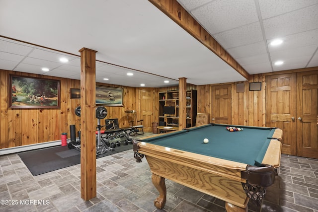 6 Stoecker Rd, Holmdel, NJ 07733 - rec room featuring wooden walls, billiards, a paneled ceiling, and recessed lighting