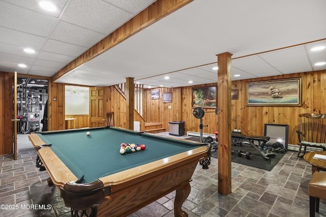 6 Stoecker Rd, Holmdel, NJ 07733 - rec room with wood walls, stone finish floors, a drop ceiling, pool table, and recessed lighting