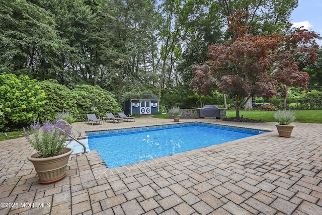 6 Stoecker Rd, Holmdel, NJ 07733 - outdoor pool featuring a patio, a shed, view of wooded area, and grilling area