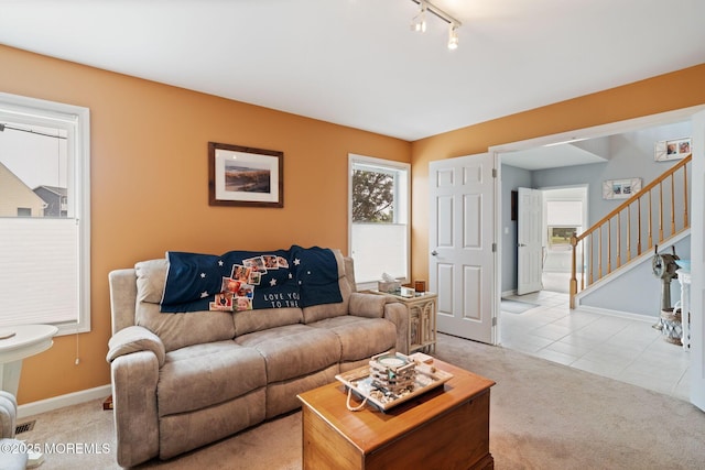 164 Morris Blvd, Beach Haven West, NJ 08050 - living room with light colored carpet, stairs, track lighting, and light tile patterned floors