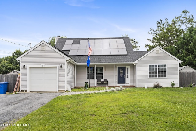 255 Float Ave, Manahawkin, NJ 08050 - view of front facade featuring an attached garage, a porch, a shingled roof, solar panels, and a chimney