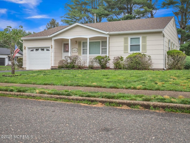 136 Georgetown Rd, Toms River, NJ 08757 - ranch-style home with covered porch, an attached garage, a front lawn, and a shingled roof