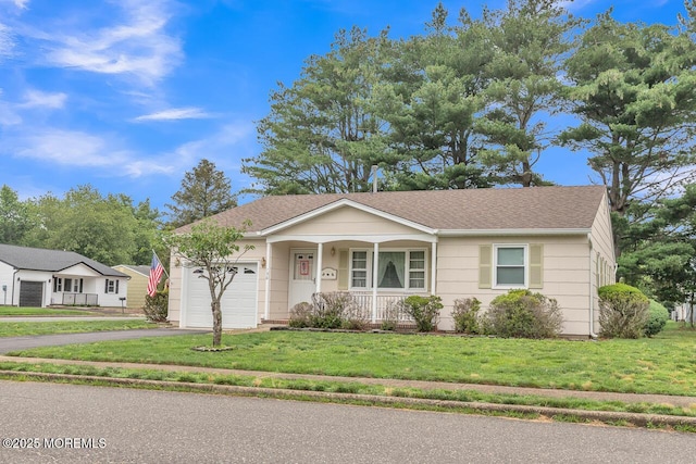 136 Georgetown Rd, Toms River, NJ 08757 - ranch-style home with covered porch, a garage, driveway, a front yard, and a shingled roof