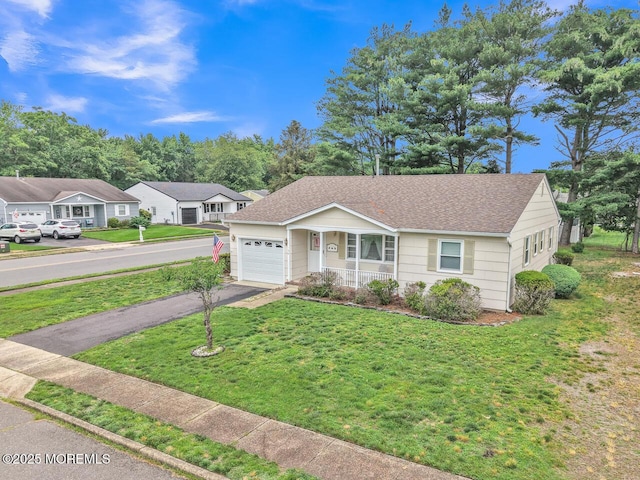 136 Georgetown Rd, Toms River, NJ 08757 - ranch-style house featuring a porch, asphalt driveway, an attached garage, a front lawn, and a shingled roof