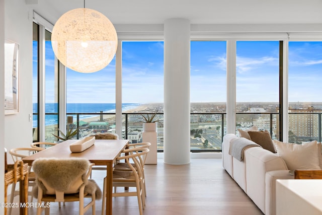 1101 Ocean Ave Unit 1404, Asbury Park, NJ 07712 - dining room with healthy amount of natural light, wood finished floors, a water view, and a wall of windows