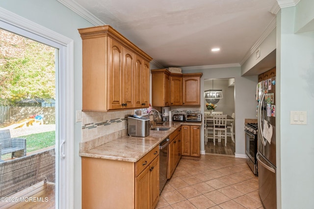 128 Oak Glen Rd, Toms River, NJ 08753 - kitchen featuring appliances with stainless steel finishes, backsplash, light tile patterned flooring, light stone counters, and crown molding