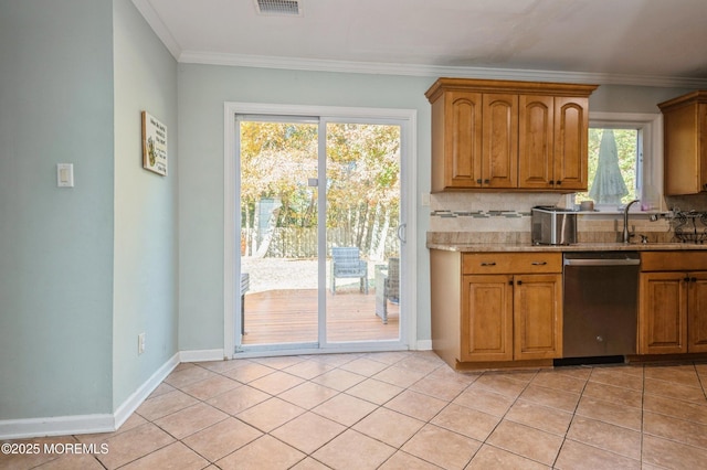 128 Oak Glen Rd, Toms River, NJ 08753 - kitchen featuring stainless steel dishwasher, backsplash, light tile patterned flooring, crown molding, and brown cabinets