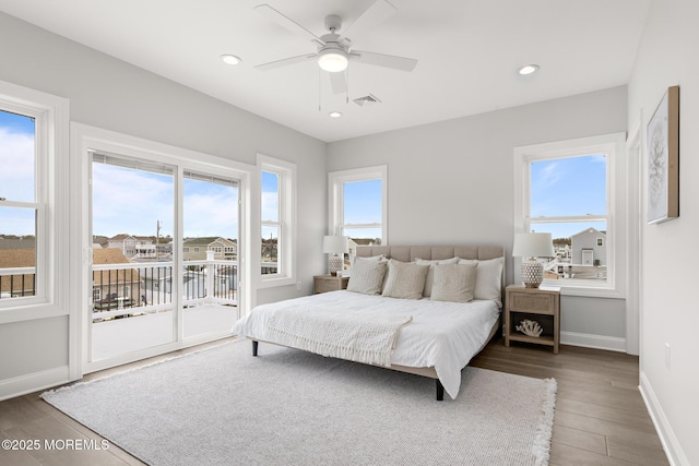56 Gregg Dr, Beach Haven West, NJ 08050 - bedroom featuring access to exterior, wood finished floors, recessed lighting, and ceiling fan