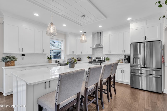 798A Warren St Unit A, Toms River, NJ 08753 - kitchen with appliances with stainless steel finishes, wall chimney exhaust hood, dark wood-type flooring, white cabinetry, and recessed lighting