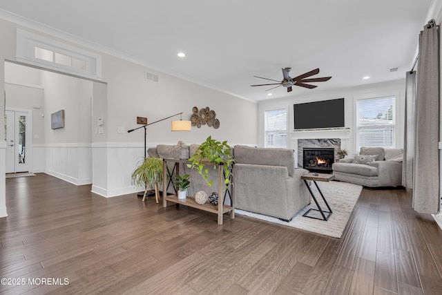 798A Warren St Unit A, Toms River, NJ 08753 - living area with ceiling fan, a premium fireplace, wood finished floors, recessed lighting, and ornamental molding