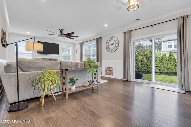 798A Warren St Unit A, Toms River, NJ 08753 - living room with a ceiling fan, crown molding, wood finished floors, a wainscoted wall, and recessed lighting