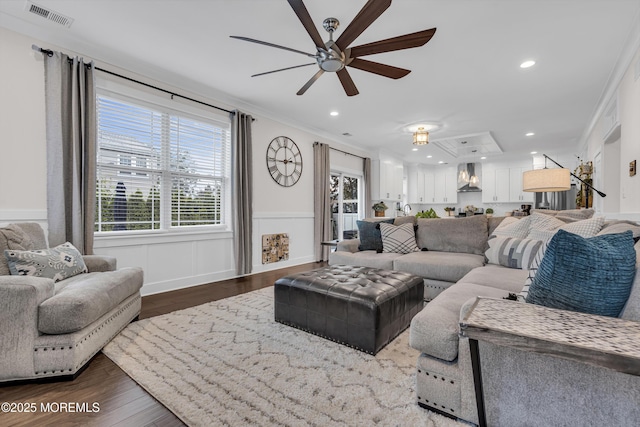 798A Warren St Unit A, Toms River, NJ 08753 - living area with a ceiling fan, wood finished floors, crown molding, wainscoting, and recessed lighting