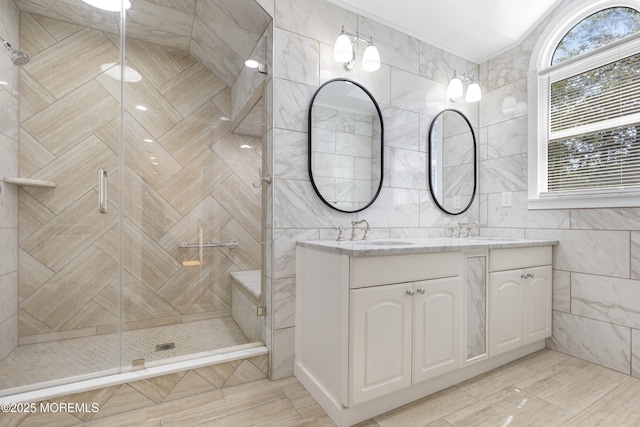 1792 Todd Rd, Toms River, NJ 08755 - bathroom featuring tile walls, double vanity, a stall shower, ornamental molding, and vaulted ceiling