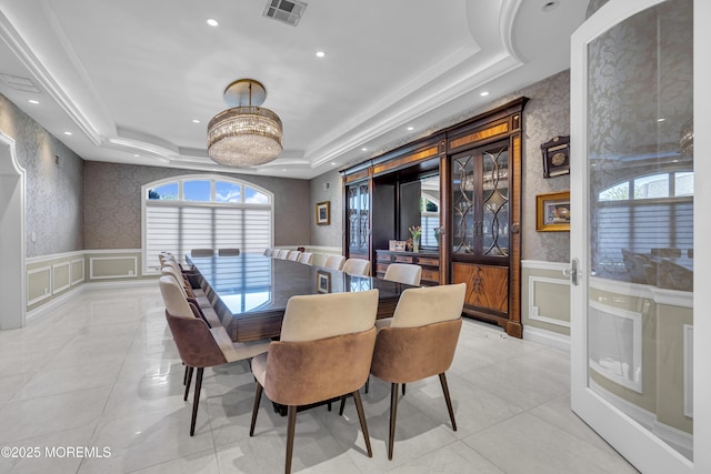 5 Champlain Ct, Lakewood, NJ 08701 - dining room featuring wainscoting, a decorative wall, recessed lighting, a tray ceiling, and light tile patterned flooring