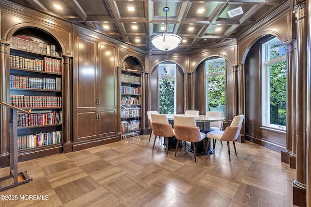 5 Champlain Ct, Lakewood, NJ 08701 - dining room with built in shelves, ornamental molding, coffered ceiling, beam ceiling, and arched walkways