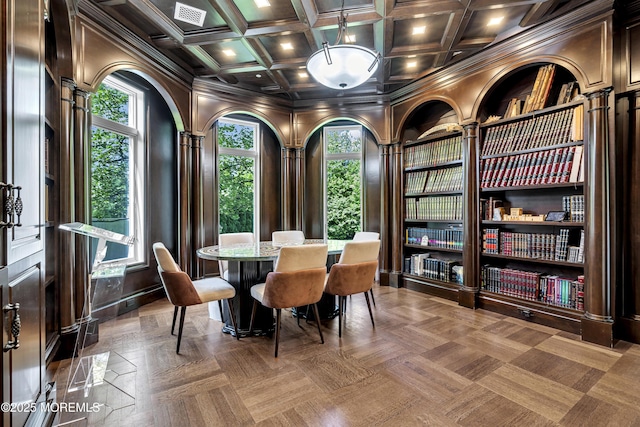 5 Champlain Ct, Lakewood, NJ 08701 - dining space featuring coffered ceiling, crown molding, built in shelves, beamed ceiling, and recessed lighting