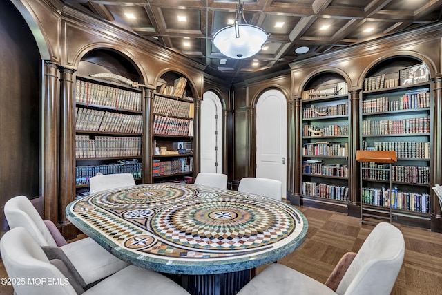 5 Champlain Ct, Lakewood, NJ 08701 - wine room featuring coffered ceiling, ornate columns, built in shelves, arched walkways, and beamed ceiling