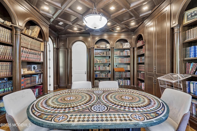 5 Champlain Ct, Lakewood, NJ 08701 - sitting room featuring built in features, coffered ceiling, crown molding, and beamed ceiling