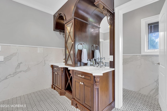 5 Champlain Ct, Lakewood, NJ 08701 - bathroom with vanity, tile walls, a wainscoted wall, and ornamental molding