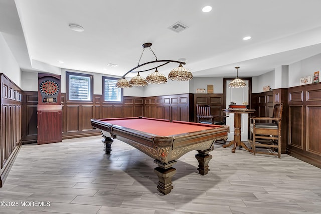 5 Champlain Ct, Lakewood, NJ 08701 - playroom with wainscoting, billiards table, recessed lighting, a decorative wall, and light wood finished floors