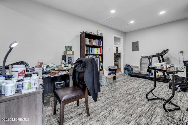 58 Hedge Dr, Lakewood, NJ 08701 - home office with attic access, wood finished floors, recessed lighting, and electric panel