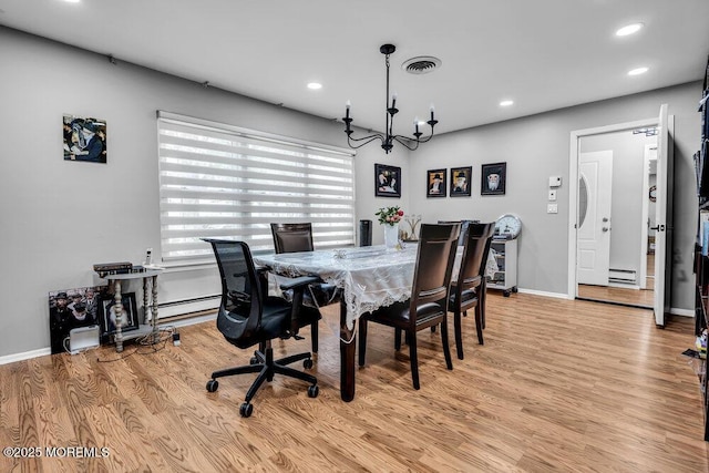58 Hedge Dr, Lakewood, NJ 08701 - dining room featuring a chandelier, recessed lighting, wood finished floors, a baseboard heating unit, and a baseboard radiator