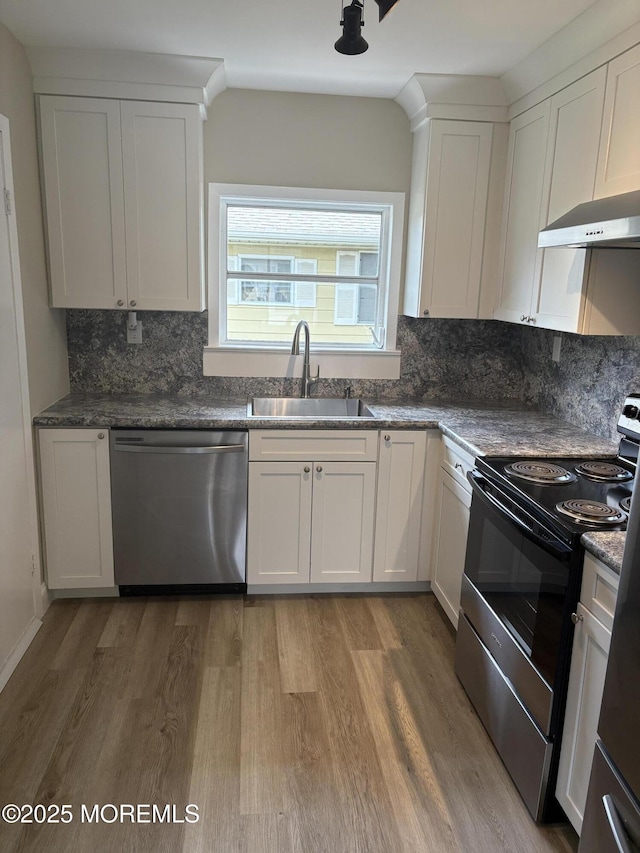 101 Bonaire Dr, Toms River, NJ 08757 - kitchen featuring stainless steel dishwasher, range with electric cooktop, under cabinet range hood, and light wood-style flooring