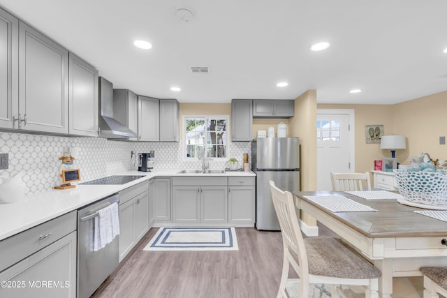 200 Ceylon Ave, Seaside Heights, NJ 08751 - kitchen featuring appliances with stainless steel finishes, gray cabinets, wall chimney exhaust hood, light wood-type flooring, and recessed lighting