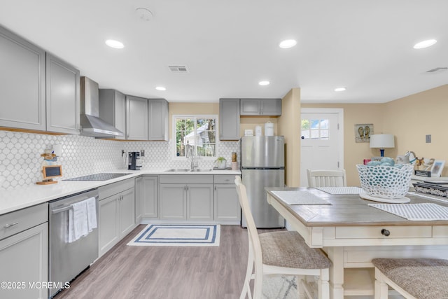 200 Ceylon Ave, Seaside Heights, NJ 08751 - kitchen with stainless steel appliances, wall chimney range hood, gray cabinets, light wood-type flooring, and recessed lighting