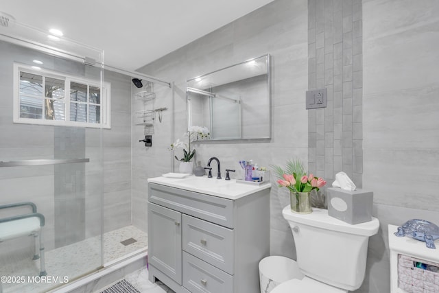 200 Ceylon Ave, Seaside Heights, NJ 08751 - bathroom with tile walls, vanity, a stall shower, and recessed lighting