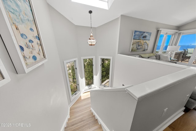 208 E 20th St, Long Beach Twp, NJ 08008 - stairs featuring wood finished floors, a skylight, and high vaulted ceiling