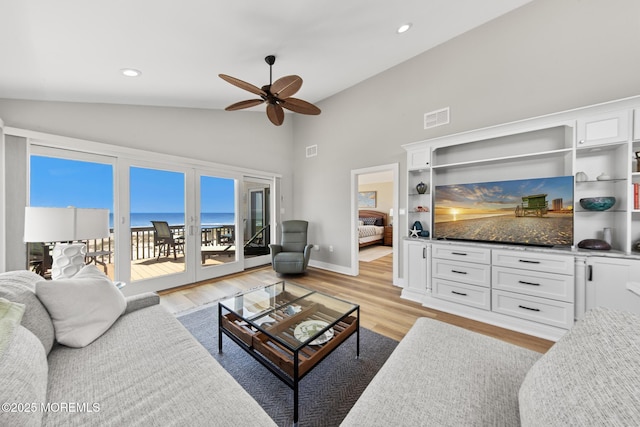 208 E 20th St, Long Beach Twp, NJ 08008 - living room featuring ceiling fan, light wood finished floors, high vaulted ceiling, and recessed lighting
