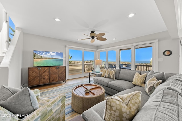 208 E 20th St, Long Beach Twp, NJ 08008 - living area featuring a ceiling fan, wood finished floors, and recessed lighting