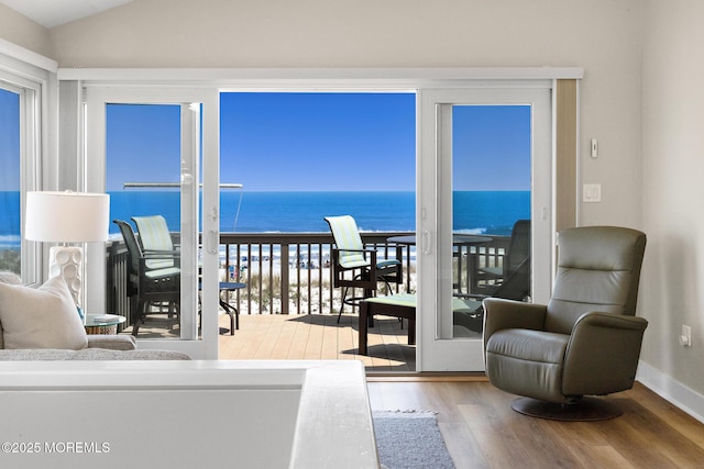 208 E 20th St, Long Beach Twp, NJ 08008 - living room with wood finished floors, a water view, and vaulted ceiling