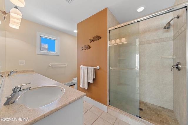 208 E 20th St, Long Beach Twp, NJ 08008 - full bath featuring a stall shower, tile patterned flooring, double vanity, recessed lighting, and a baseboard radiator