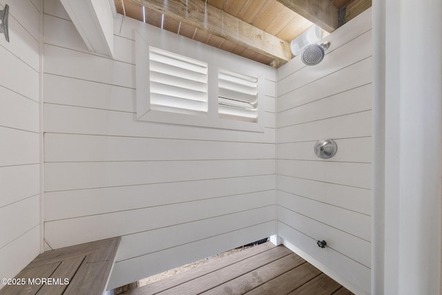208 E 20th St, Long Beach Twp, NJ 08008 - full bathroom featuring a tile shower, a wood ceiling with exposed beams, and wood finished floors