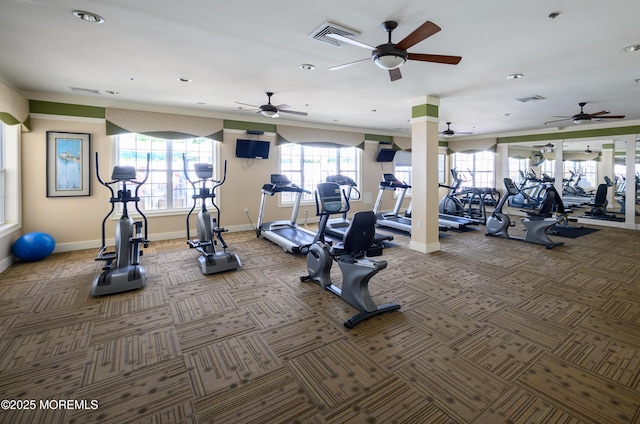 203 Canterbury Ln, Morganville, NJ 07751 - exercise room with ceiling fan, carpet flooring, and recessed lighting