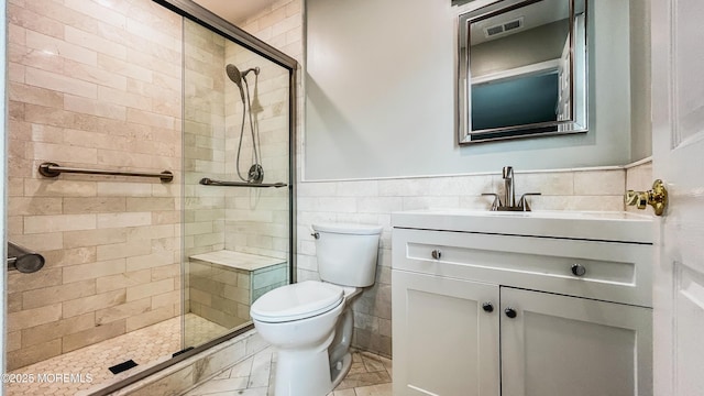 11 Ivy Rdg Unit 1000, Howell, NJ 07728 - bathroom with a shower stall, vanity, tile walls, wainscoting, and marble finish flooring